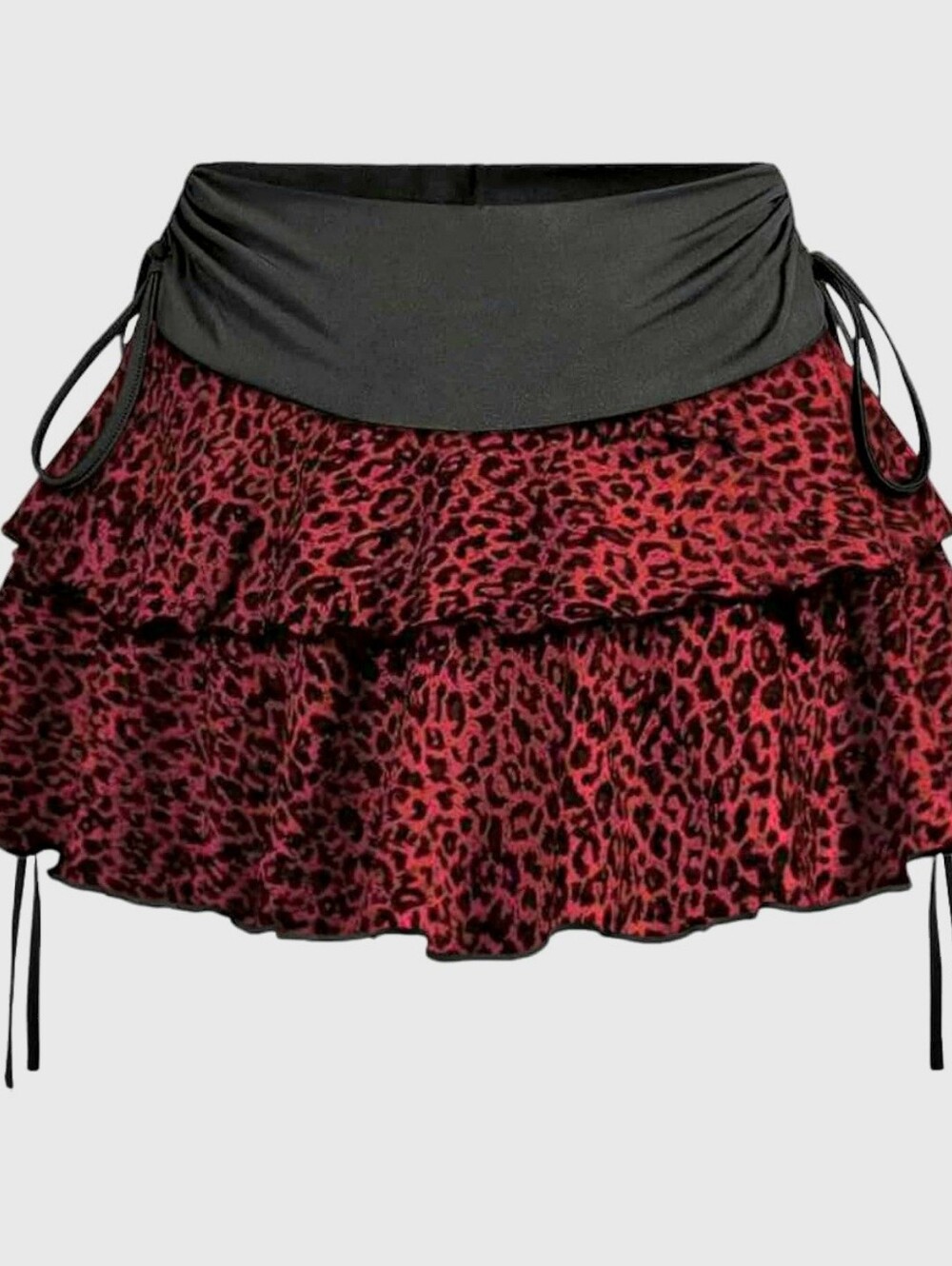 Maroon Leopard Tiered Ruffle Mini Skirt with Black Waist Tie